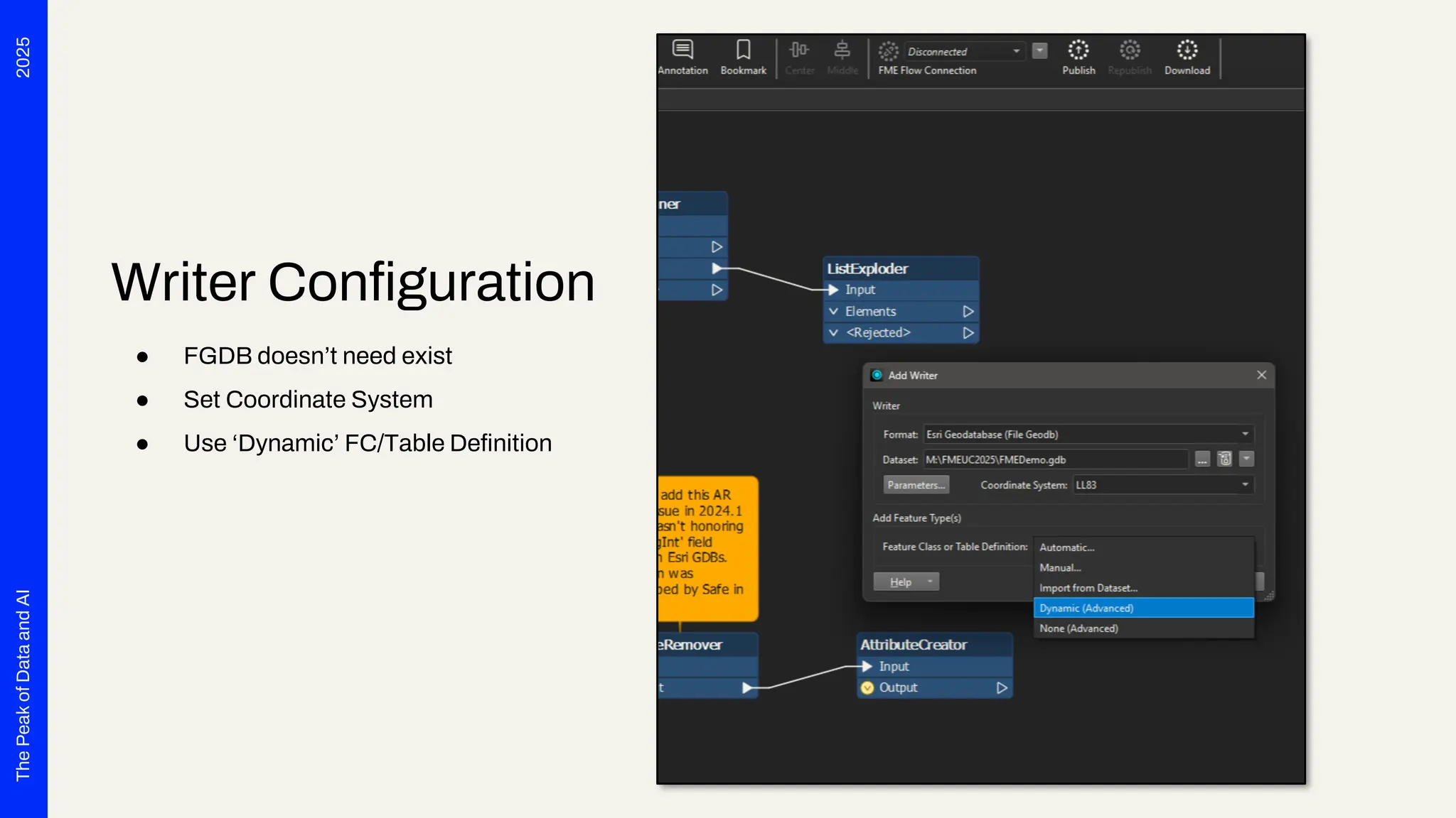 2025
The
Peak
of
Data
and
AI
Writer Configuration
● FGDB doesn’t need exist
● Set Coordinate System
● Use ‘Dynamic’ FC/Table Definition
 