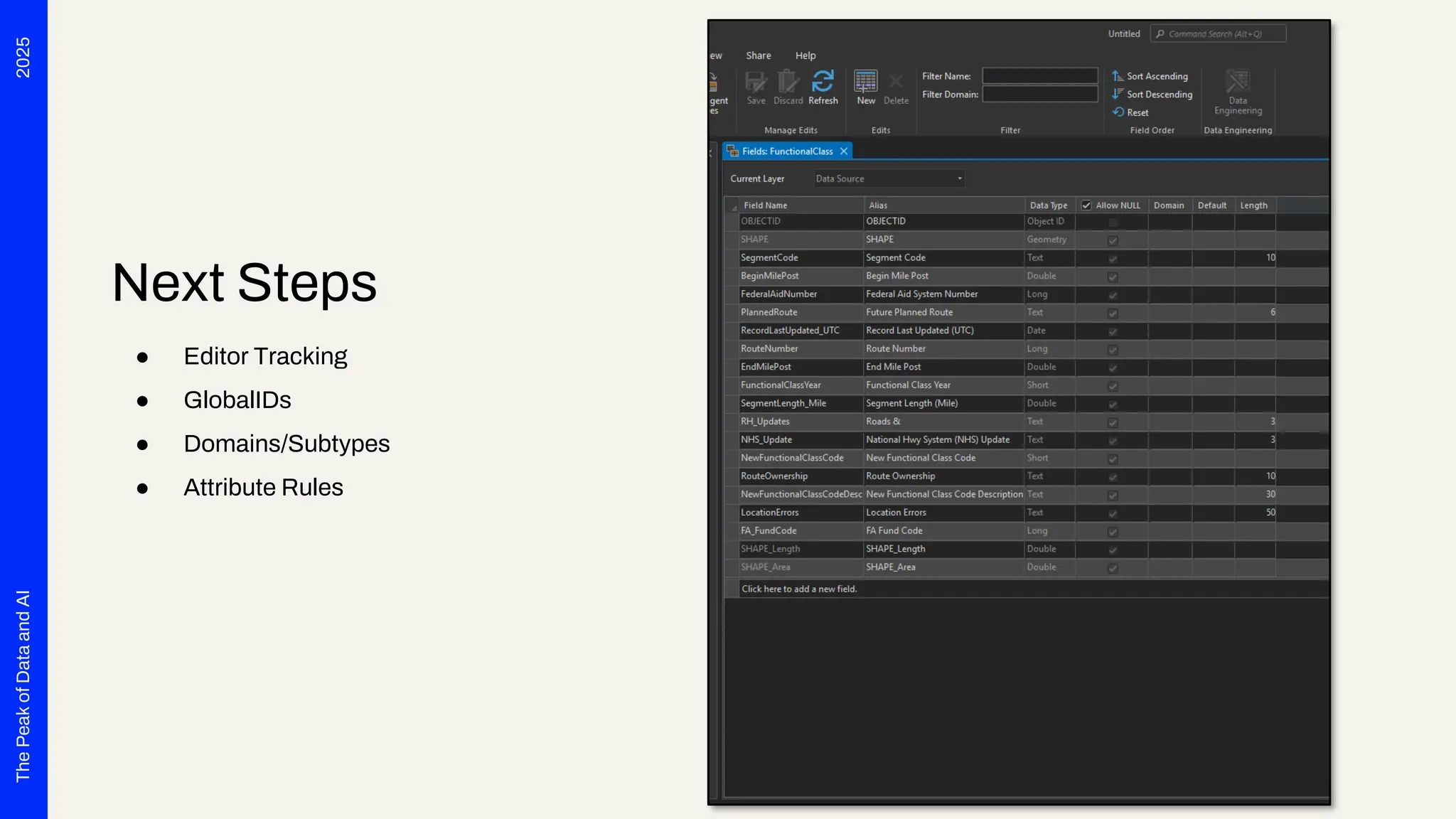 2025
The
Peak
of
Data
and
AI
Next Steps
● Editor Tracking
● GlobalIDs
● Domains/Subtypes
● Attribute Rules
 