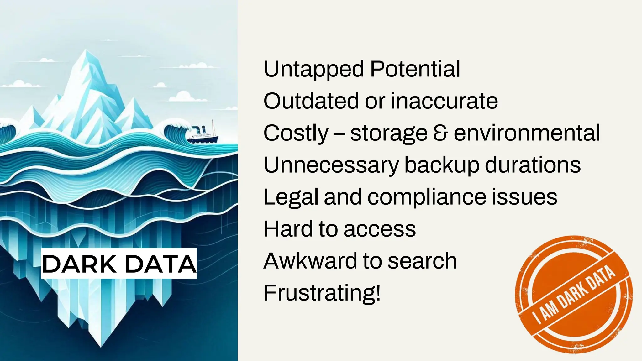 Untapped Potential
Outdated or inaccurate
Costly – storage & environmental
Unnecessary backup durations
Legal and compliance issues
Hard to access
Awkward to search
Frustrating!
DARK DATA
 