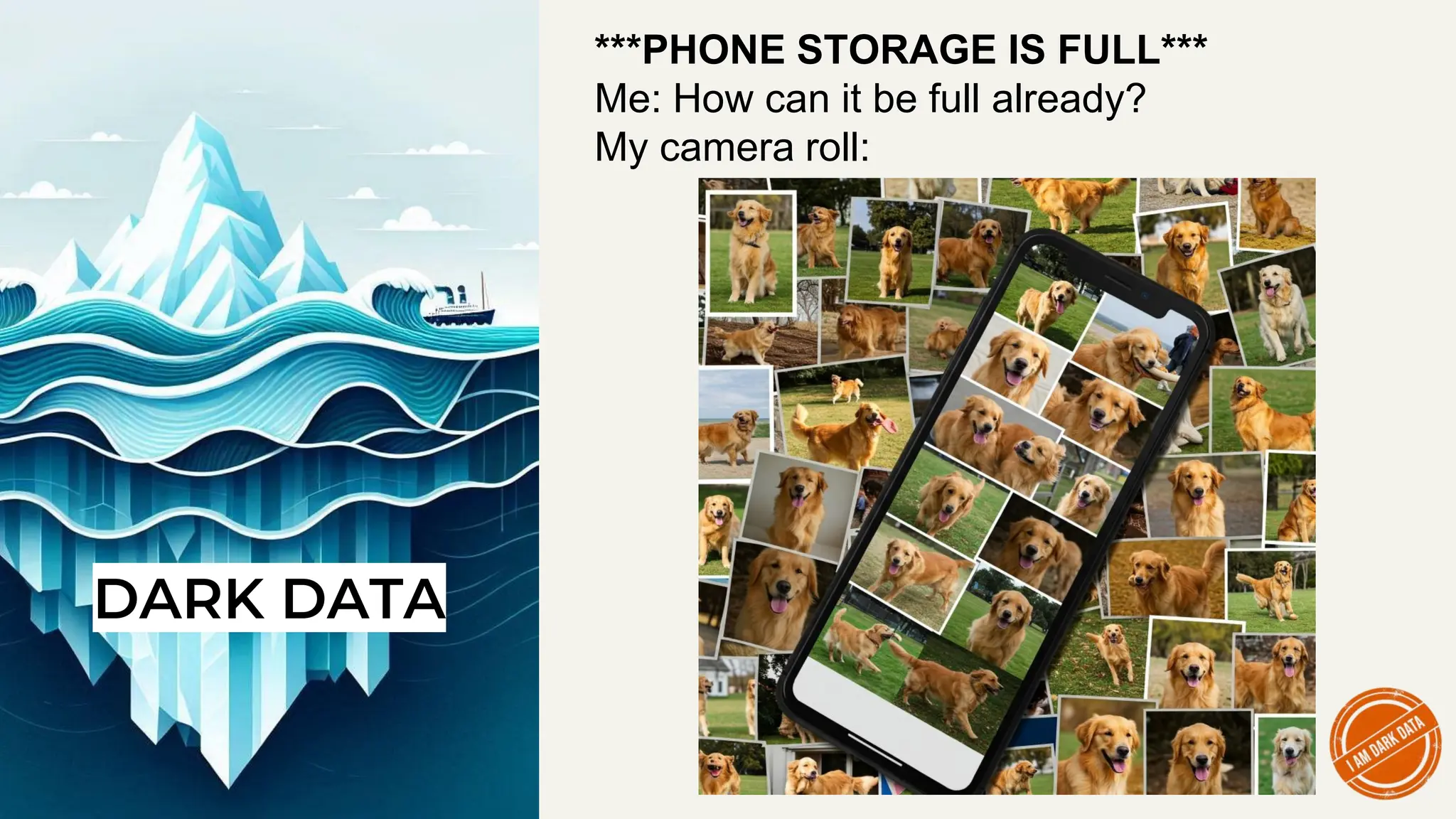 DARK DATA
***PHONE STORAGE IS FULL***
Me: How can it be full already?
My camera roll:
 