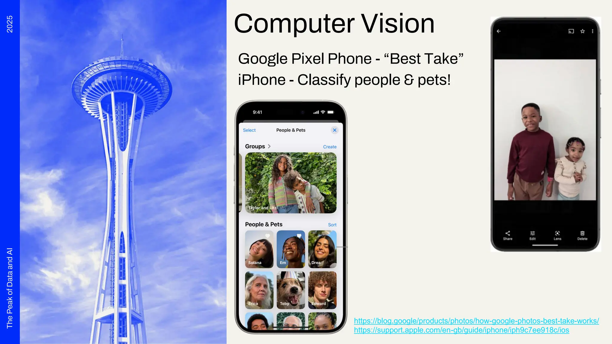 2025
The
Peak
of
Data
and
AI
Google Pixel Phone - “Best Take”
iPhone - Classify people & pets!
https://blog.google/products/photos/how-google-photos-best-take-works/
https://support.apple.com/en-gb/guide/iphone/iph9c7ee918c/ios
Computer Vision
 