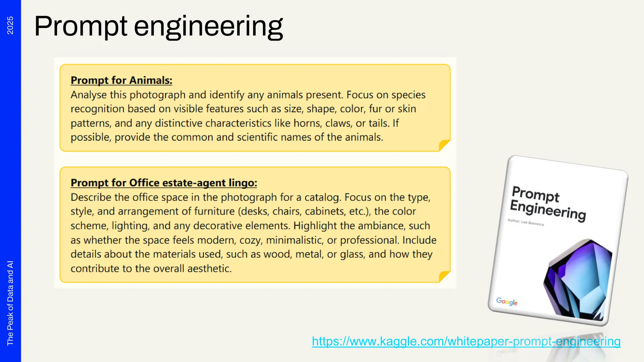 2025
The
Peak
of
Data
and
AI
Prompt engineering
https://www.kaggle.com/whitepaper-prompt-engineering
 
