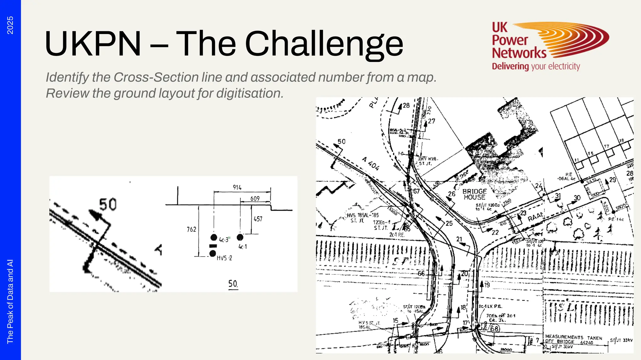 2025
The
Peak
of
Data
and
AI
UKPN – The Challenge
Identify the Cross-Section line and associated number from a map.
Review the ground layout for digitisation.
 