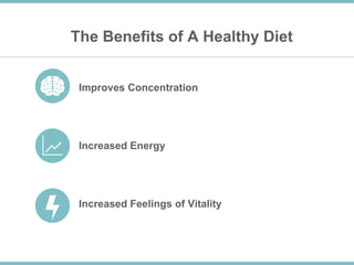 The Benefits of A Healthy Diet
Improves Concentration
Increased Energy
Increased Feelings of Vitality
 