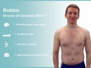 Robbie
Director of Corporate Affairs
• 45/50 Perceived Stress Scale
• Insufficient Sleep
• Sedentary Lifestyle
• High Calorie, Low Nutrient Diet
 