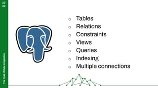 The
Peak
of
Data
Integration
20
23
o Tables
o Relations
o Constraints
o Views
o Queries
o Indexing
o Multiple connections
 