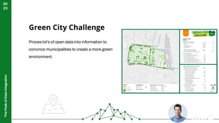 The
Peak
of
Data
Integration
20
23
Green City Challenge
Proces lot’s of open data into information to
convince municipalities to create a more green
environment.
2
 