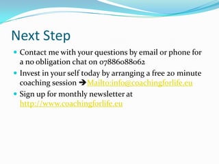 Coaching ProgrammeChoose from:- taster sessions- the "Practical EQ" one-day workshop for managers- team development and coaching- developing a coaching culture- train the trainer