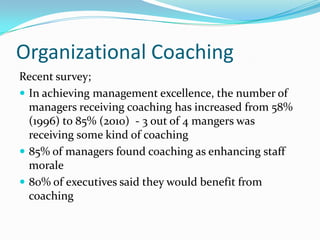 Organizational Coaching<br />Recent survey;<br />In achieving management excellence, the number of managers receiving coac...