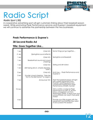 Acooperativeadvertisingspotwillgetcustomerstinkingabouttheirbaseballseason
needs.WhilepromotingPeakPerformanceservicesandDupree’sbaseballequipment
wewillcontinuetoadvertisethepartnershipbetweenthetwobusinesses.
PeakPerformance&Dupree’s
30SecondRadioAd
Title:GoesTogetherLike...
1sec
.5sec
1sec
1sec
1sec
1sec
2sec2sec
2sec
7sec
9.5sec
4sec
ChildVO:
[Springtimesoundeffects]
ChildVO:
Baseballbatsoundandcrowd
cheering]
ChildVO:
[Dirtbeingslidon,Umpi[Dirtbeingslidon,Umpiredeclares,
“Safe”]
ChildVO:
[Loudercrowdcheering.“TakeMe
OuttotheBallGame”onorgan.]
AnnouncerVO:
Somethingsjustgotogether....
SpringtimeandBaseball!
Slidinganddirtstains!
Andnow....PeakPerformanceand
Dupree’s!
StartthebaseballseasonoStartthebaseballseasonoffright
withsuperbequipmentfrom
Dupree’ssportinggoodsand
unmatchedtrainingfrom Peak
PerformanceAthleticCenter!
VVisitusonline,orstopbyPeak
Performanceat2501N.AllStar
Drive,orDuppree’sat316S.
WashingtonStreet,tolearnhowyour
youngathletecanreachtheirpeak
today!
PProvideyourlittlesluggerwiththe
equipmentandtrainingtheyneed
tobesucessfulthisseason!
-END-
 
