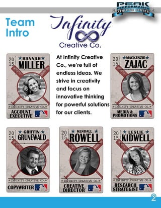 Team
Intro
AtInfinityCreative
Co.,we’refullof
endlessideas.We
striveincreativity
andfocuson
innovativethinking
forpowerfulsolutions
forourclients.forourclients.
2
 
