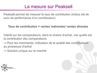 La mesure sur Peaksell
Peaksell permet de mesurer le taux de contribution (indice clé de
suivi de performance d’un contributeur):

   Taux de contribution = ventes indirectes/ ventes directes

Intérêt sur les comparateurs: dans la chaîne d’achat, voir quelle est
la contribution des comparateurs
-> Pour les marchands: indicateur de la qualité des contributeurs
au processus d’achat
-> Solution unique sur le marché
 