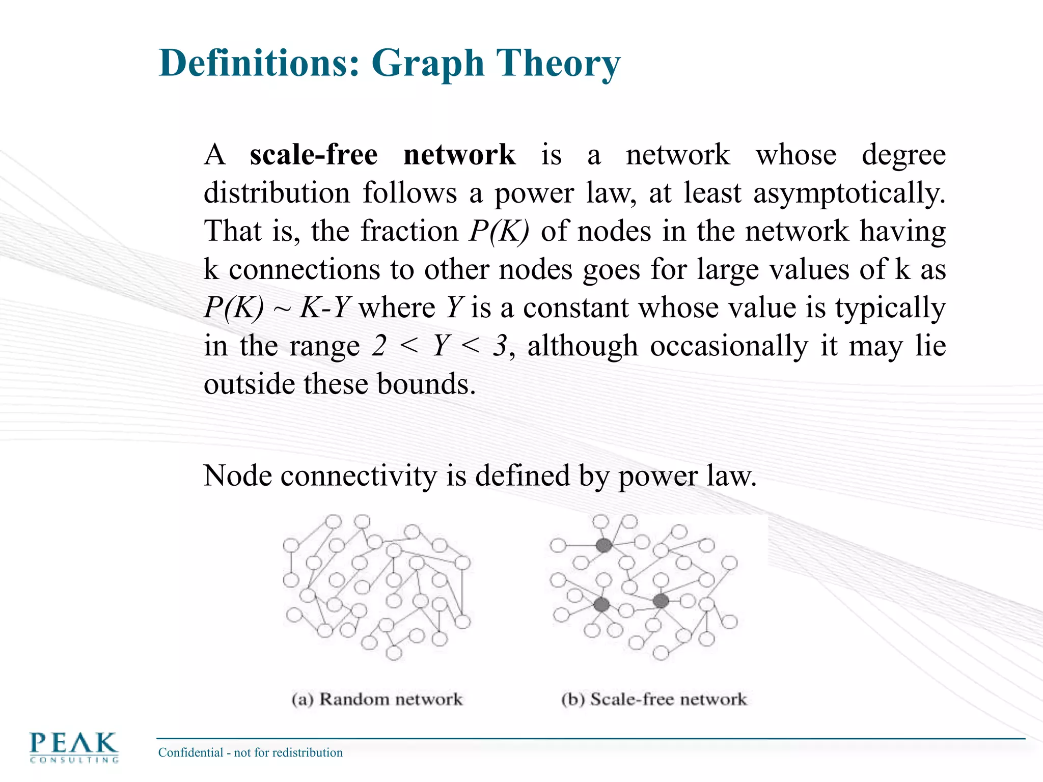 Definitions: Social Network AnalysisSocial Network Analysis: The application of graph theory to understand, categorize and quantify relationships in a social network.In the representation of a social network, nodes in a graph represent the individuals or organizations (actors) and edges in the graph represent interdependencies. Edges may be either directed or non-directed.Confidential - not for redistribution 