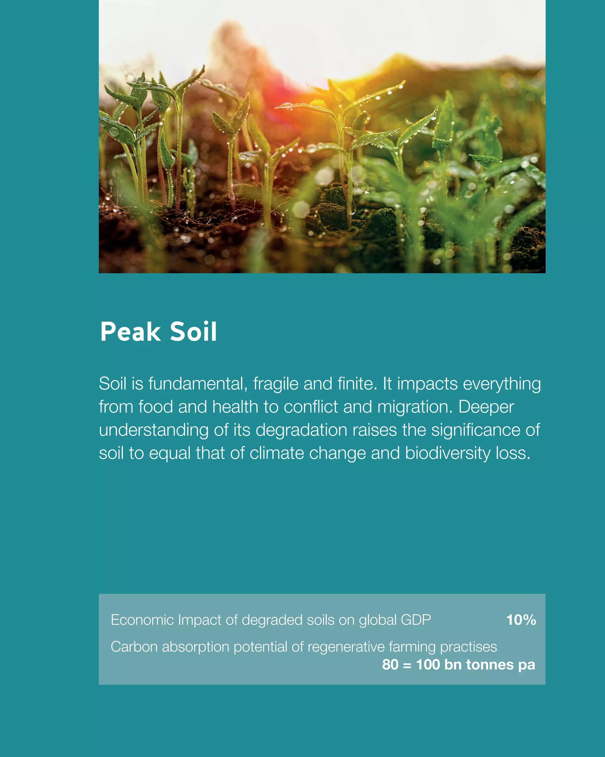 2
TheWorldin2030PeakSoilFutureofPatientDataInsightsfromMultipleExpertDiscussionsAroundtheWorld
Peak Soil
Soil is fundamental, fragile and finite. It impacts everything
from food and health to conflict and migration. Deeper
understanding of its degradation raises the significance of
soil to equal that of climate change and biodiversity loss.
Economic Impact of degraded soils on global GDP 		 10%
Carbon absorption potential of regenerative farming practises
80 = 100 bn tonnes pa
 