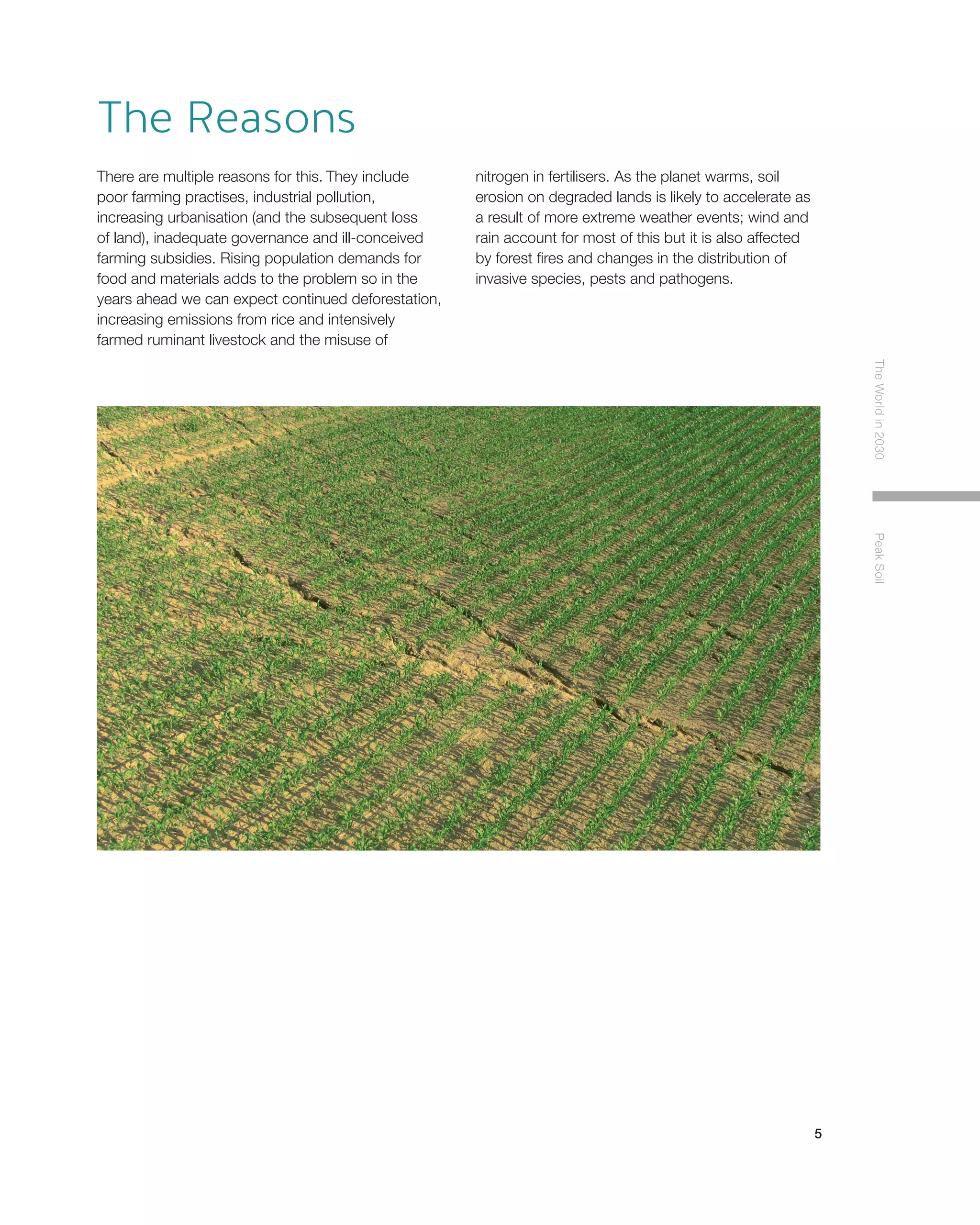 5
TheWorldin2030PeakSoil
There are multiple reasons for this. They include
poor farming practises, industrial pollution,
increasing urbanisation (and the subsequent loss
of land), inadequate governance and ill-conceived
farming subsidies. Rising population demands for
food and materials adds to the problem so in the
years ahead we can expect continued deforestation,
increasing emissions from rice and intensively
farmed ruminant livestock and the misuse of
nitrogen in fertilisers. As the planet warms, soil
erosion on degraded lands is likely to accelerate as
a result of more extreme weather events; wind and
rain account for most of this but it is also affected
by forest fires and changes in the distribution of
invasive species, pests and pathogens.
The Reasons
 