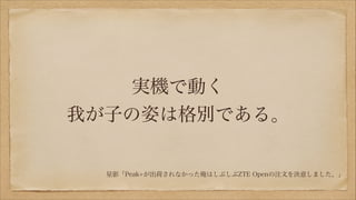 実機で動く
我が子の姿は格別である。

星影「Peak+が出荷されなかった俺はしぶしぶZTE Openの注文を決意しました。」

 