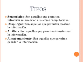 TIPOS
 Sensoriales :Son aquellas que permiten
introducir información al sistema computacional
 Despliegue: Son aquellas que permiten mostrar
la información.
 Análisis: Son aquellas que permiten transformar
la información.
 Almacenamiento: Son aquellos que permiten
guardar la información.
 