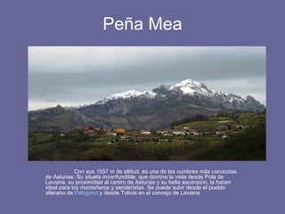 Peña Mea Con sus 1557 m de altitud, es una de las cumbres más conocidas de Asturias. Su silueta inconfundible, que domina la vista desde Pola de Laviana, su proximidad al centro de Asturias y su bella ascensión, la hacen ideal para los montañeros y senderistas. Se puede subir desde el pueblo allerano de  Pelúgano  y desde Tolivia en el concejo de Laviana.  