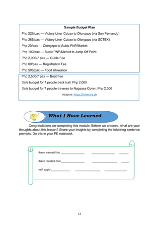 12
Sample Budget Plan
Php 226/pax — Victory Liner Cubao to Olongapo (via San Fernando)
Php 285/pax — Victory Liner Cubao to Olongapo (via SCTEX)
Php 20/pax — Olongapo to Subic PNP/Market
Php 100/pax — Subic PNP/Market to Jump Off Point
Php 2,000/7 pax — Guide Fee
Php 60/pax — Registration Fee
Php 500/pax — Food allowance
Php 2,500/7 pax — Boat Fee
Safe budget for 7 people back trail: Php 2,000
Safe budget for 7 people traverse to Nagsasa Cover: Php 2,500
Adapted: https://itinerary.ph
Congratulations on completing this module. Before we proceed, what are your
thoughts about this lesson? Share your insights by completing the following sentence
prompts. Do this in your PE notebook.
I have learned that ________________ ________________ ______.
I have realized that ________________ _________________ _____.
I will apply _____________ _________________ _______________.
What I Have Learned
 