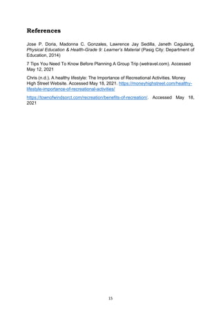 15
References
Jose P. Doria, Madonna C. Gonzales, Lawrence Jay Sedilla, Janeth Cagulang,
Physical Education & Health-Grade 9: Learner’s Material (Pasig City: Department of
Education, 2014)
7 Tips You Need To Know Before Planning A Group Trip (wetravel.com). Accessed
May 12, 2021
Chris (n.d.). A healthy lifestyle: The Importance of Recreational Activities. Money
High Street Website. Accessed May 18, 2021. https://moneyhighstreet.com/healthy-
lifestyle-importance-of-recreational-activities/
https://townofwindsorct.com/recreation/benefits-of-recreation/. Accessed May 18,
2021
 