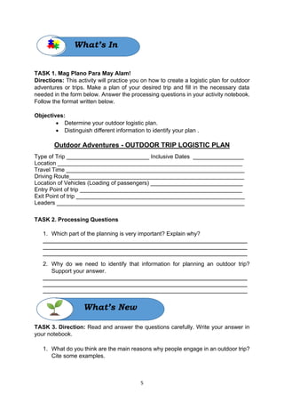 5
TASK 1. Mag Plano Para May Alam!
Directions: This activity will practice you on how to create a logistic plan for outdoor
adventures or trips. Make a plan of your desired trip and fill in the necessary data
needed in the form below. Answer the processing questions in your activity notebook.
Follow the format written below.
Objectives:
• Determine your outdoor logistic plan.
• Distinguish different information to identify your plan .
Outdoor Adventures - OUTDOOR TRIP LOGISTIC PLAN
Type of Trip __________________________ Inclusive Dates ________________
Location __________________________________________________________
Travel Time ________________________________________________________
Driving Route_______________________________________________________
Location of Vehicles (Loading of passengers) _____________________________
Entry Point of trip ___________________________________________________
Exit Point of trip _____________________________________________________
Leaders ___________________________________________________________
TASK 2. Processing Questions
1. Which part of the planning is very important? Explain why?
______________________________________________________________________
______________________________________________________________________
______________________________________________________________________
2. Why do we need to identify that information for planning an outdoor trip?
Support your answer.
______________________________________________________________________
______________________________________________________________________
______________________________________________________________________
TASK 3. Direction: Read and answer the questions carefully. Write your answer in
your notebook.
1. What do you think are the main reasons why people engage in an outdoor trip?
Cite some examples.
What’s In
What’s New
 