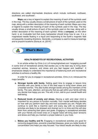 9
directions are called intermediate directions which include northwest, northeast,
southwest, and southeast”.
Maps use a key or legend to explain the meaning of each of the symbols used
in the map. The key usually shows a small picture of each of the symbols used on the
map, along with a written description of the meaning of each symbol. Maps use a key
or legend to explain the meaning of each of the symbols used in the map. The key
usually shows a small picture of each of the symbols used on the map, along with a
written description of the meaning of each symbol. While a compass, on the other
hand, is an invaluable tool that every backpacker should know how to use. It is a
magnetized needle floating in a liquid and responding to the Earth’s magnetic field
consequently revealing directions. Generally, a compass is used to measure bearings
and to pinpoint locations (Doria,et. al.,(2014)”.
HEALTH BENEFITS OF RECREATIONAL ACTIVITIES
In an article written by Chris (n.d.) of moneyhighstreet.com “engaging yourself
in some kind of recreational activity that excites you is the best way to bring down
unwanted worries, tensions, and stress and you feel happier and healthier”. It
emphasizes deeply to understand the importance of balancing work and recreational
activities to achieve a healthy life.
In order for you to engage in recreational activities, Chris (n.d.) introduced the
major benefits:
a. Stronger bonds with family. Setting apart time to engage in leisure time
activities with your family is one of the best ways to bring down stress and
unwanted worries. This also builds stronger bonds among the members of the
family. The care, attention, and security that you get within your family will help
you decide how happy you are. This will, in turn, add to your overall health and
well-being.
b. Reduced levels of anxiety and stress. Having a calm and clear mind is
important for any person to function normally. Your mental well-being decides
on how well you perform each day and how successful you are. People who
continue to work like a machine each and every day with no recreational
activities are likely to be stressed and drained out in no time and this will stop
them from achieving their plans and goals. Engaging in recreational activities
with your friends and loved ones on a regular basis will bring down tensions
and stress and help you maintain a proper balance in your lives.
c. Makes you healthy and fit. Engaging in recreational activities are good for
removing sluggishness, prevents unwanted diseases, gives you better levels of
concentration and helps you stay focused. Your blood results are likely to stay
What’s More
 