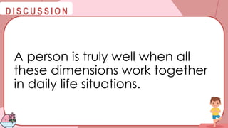 @
@
D I S C U S S I O N
A person is truly well when all
these dimensions work together
in daily life situations.
 