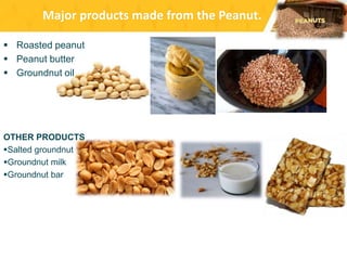 Roasted peanut
 Peanut butter
 Groundnut oil
OTHER PRODUCTS
Salted groundnut
Groundnut milk
Groundnut bar
Major products made from the Peanut.
 