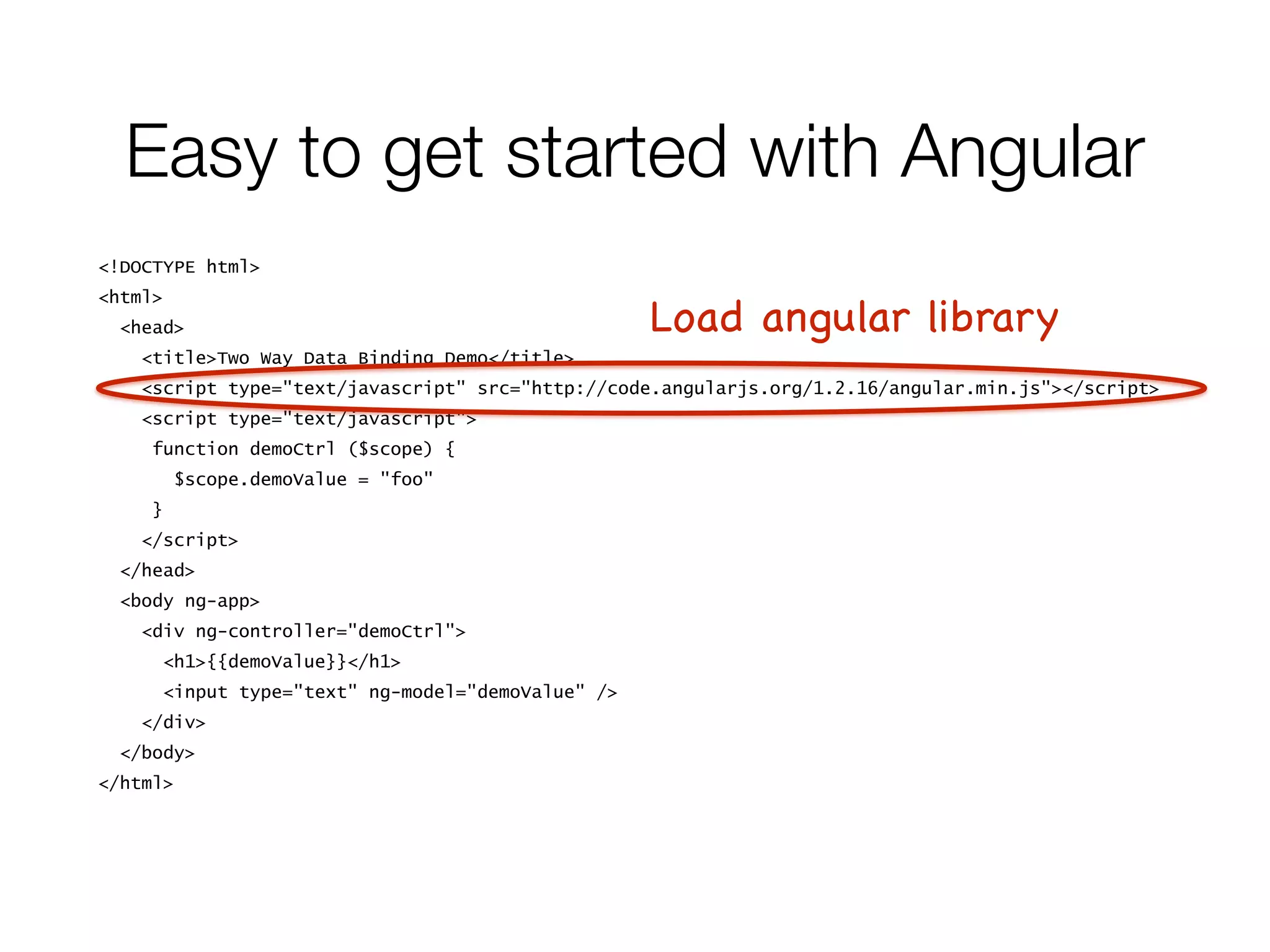 <!DOCTYPE html>
<html>
<head>
<title>Two Way Data Binding Demo</title>
<script type="text/javascript" src="http://code.angularjs.org/1.2.16/angular.min.js"></script>
<script type="text/javascript">
function demoCtrl ($scope) {
$scope.demoValue = "foo"
}
</script>
</head>
<body ng-app>
<div ng-controller="demoCtrl">
<h1>{{demoValue}}</h1>
<input type="text" ng-model="demoValue" />
</div>
</body>
</html>
Easy to get started with Angular
Load angular library
 