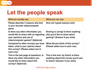 #CRC2014 @LoveStats 
Let the people speak 
What we usually say: 
What you can say: 
Please describe 3 reasons why that is your favorite video/computer game. 
Give me 3 good reasons why! 
Is there any other information you would like to share with us regarding your opinions and use of video/computer games? (Optional) 
Sharing is caring! Is there anything else you'd like to share about gaming? (Answer if you wish) 
Compared to other surveys you have taken, what is your opinion about this survey? (Please select one in each row) 
What did you think of this survey? (Please select one in each row) 
This is the last page of questions. Is there any other information you would like to share about this survey? (Optional) 
This is the end, my friend. Is there anything about this survey you'd care to share? (Answer if you wish)  