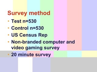 #CRC2014 @LoveStats 
Survey method 
•Test n=530 
•Control n=530 
•US Census Rep 
•Non-branded computer and video gaming survey 
•20 minute survey  