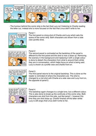 - The humour behind this comic strip is the fact that Lucy isnʼt listening to Charlie reading
the letter out, instead she is more focused on the fact that Linus didnʼt write to her.
Panel 1
The first panel is a long shot of Charlie and Lucy which sets the
scene of the comic strip. Both characters are shown from a side
view (profile shot).
Panel 2
The second panel is contrasted as the backdrop of the panel is
different to the first panel and the shot is now a close up. Removing
the scenery in the background and replacing it with a single colour
is done to detach the characters from what is around them whilst
they are in conversation, which helps focus on what is being said.
Lucy is shown at a profile view and charlie front on.
Panel 3
The third panel returns to the original backdrop. This is done so the
reader is reminded of where the characters are. The shot is
changed to a mid shot with Charlie at a side view and Lucy front on,
the opposite of panel 2.
Panel 4
The backdrop again changes to a single tone, but a different colour.
This is also done to break up the continuity of the comic strip. Both
characters are shot from the side, just like panel 1, however this
time they are shot close up. Charlie finishes off the letter whilst
Lucy is still angry that Linus didnʼt write to her.
 