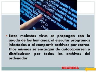  Estos molestos virus se propagan con la
ayuda de los humanos, al ejecutar programas
infectados o al compartir archivos por correo.
Ellos mismos se encargan de autocopiarsen y
distribuirsen por todos los archivos del
ordenador.
REGRESA
 