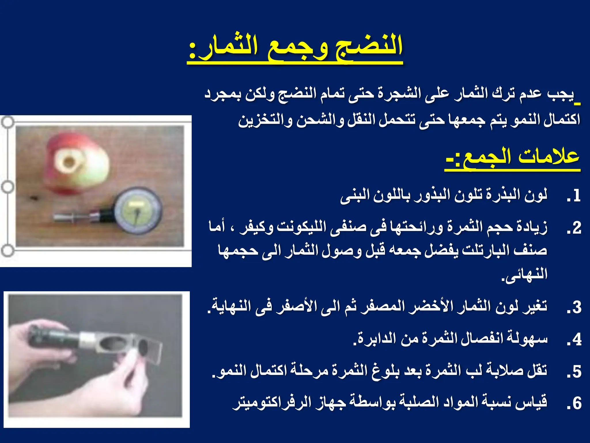 ‫انثماس‬ ‫وجمع‬ ‫انىضج‬
:
‫بمجرد‬ ‫ولكن‬ ‫النضج‬ ‫تمام‬ ‫حتى‬ ‫الشجرة‬ ‫على‬ ‫الثمار‬ ‫ترك‬ ‫عدم‬ ‫ٌجب‬
‫والتخزٌن‬ ‫والشحن‬ ‫النقل‬ ‫تتحمل‬ ‫حتى‬ ‫جمعها‬ ‫ٌتم‬ ‫النمو‬ ‫اكتمال‬
‫الجمع‬ ‫عالمات‬
:
-
.1
‫البنى‬ ‫باللون‬ ‫البذور‬ ‫تلون‬ ‫البذرة‬ ‫لون‬
.2
‫أما‬ ، ‫وكٌفر‬ ‫اللٌكونت‬ ‫صنفى‬ ‫فى‬ ‫ورائحتها‬ ‫الثمرة‬ ‫حجم‬ ‫زٌادة‬
‫حجمها‬ ‫الى‬ ‫الثمار‬ ‫وصول‬ ‫قبل‬ ‫جمعه‬ ‫ٌفضل‬ ‫البارتلت‬ ‫صنؾ‬
‫النهائى‬
.
.3
‫النهاٌة‬ ‫فى‬ ‫األصفر‬ ‫الى‬ ‫ثم‬ ‫المصفر‬ ‫األخضر‬ ‫الثمار‬ ‫لون‬ ‫تؽٌر‬
.
.4
‫الدابرة‬ ‫من‬ ‫الثمرة‬ ‫انفصال‬ ‫سهولة‬
.
.5
‫النمو‬ ‫اكتمال‬ ‫مرحلة‬ ‫الثمرة‬ ‫بلوغ‬ ‫بعد‬ ‫الثمرة‬ ‫لب‬ ‫صالبة‬ ‫تقل‬
.
.6
‫الرفراكتومٌتر‬ ‫جهاز‬ ‫بواسطة‬ ‫الصلبة‬ ‫المواد‬ ‫نسبة‬ ‫قٌاس‬
 