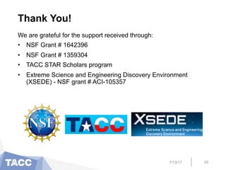 Thank You!
We are grateful for the support received through:
•  NSF Grant # 1642396
•  NSF Grant # 1359304
•  TACC STAR Scholars program
•  Extreme Science and Engineering Discovery Environment
(XSEDE) - NSF grant # ACI-105357
7/13/17 25
 