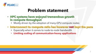 Problem statement
• HPC systems have enjoyed tremendous growth
in compute throughput
• Mostly driven by the adoption of many-GPU compute nodes
• Interconnect to compute ratio has however not kept the pace
• Especially when it comes to node-to-node bandwidth
• Limiting scaling of communication-heavy applications
2
 
