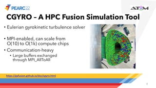 CGYRO – A HPC Fusion Simulation Tool
• Eulerian gyrokinetic turbulence solver
• MPI-enabled, can scale from
O(10) to O(1k) compute chips
• Communication-heavy
• Large buffers exchanged
through MPI_AllToAll
4
https://gafusion.github.io/doc/cgyro.html
 