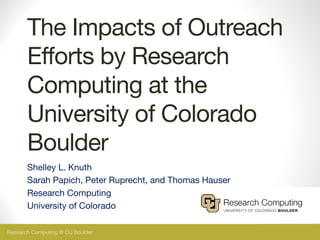 Research Computing @ CU Boulder
The Impacts of Outreach
Efforts by Research
Computing at the
University of Colorado
Boulder
Shelley L. Knuth
Sarah Papich, Peter Ruprecht, and Thomas Hauser
Research Computing
University of Colorado
 