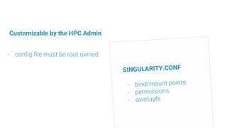 Customizable by the HPC Admin
SINGULARITY.CONF
- bind/mount points
- permissions
- overlayfs
- config file must be root ow...