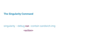 The Singularity Command
singularity --debug run --contain sandwich.img
[global options]
 