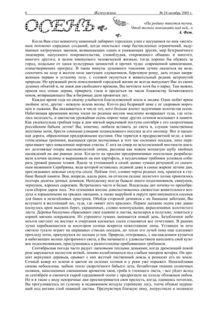 6                                    Жемчужина                          № 24 октябрь 2005 г.

                                                               «На родину тянутся тучки,
                                                         Чтоб только поплакать над ней...»
                                                                                 А. Фет.

    Когда Вам стал невмоготу каменный лабиринт городских улиц с несущимся по ним «желез-
ным потоком» смрадных созданий, когда опостылел «мир бесчисленных ограничений, наду-
манных хитроумных законов, возвышающих одних и унижающих других, мир безграничного
лицемерия, напускного покровительства, словоблудия, откровенного обмана» и многого,
многого другого, в целом именуемого человеческой жизнью, тогда хорошо бы сбежать за
город, подальше от хаоса культурных ценностей и прочих чудес современной цивилизации,
олицетворяющих прогресс. В такие минуты душевного томления лучше оказаться на воле,
соскочить на ходу в желтое поле цветущих одуванчиков, березовую рощу, дать отдых напря-
женным нервам и усталому телу, с головой окунуться в живительный родник нетронутой
природы. Но кружащий ритм повседневной городской жизни не всегда выпускает Вас из своих
душных объятий и, не имея дня свободного времени, Вы мечтаете хотя бы о парке. Там можно,
присев под сенью дерева, прикрыть глаза и предаться на часок блаженству безмятежного
покоя, возвращающего Вас в багряные дали прожитых лет.
    Каждое время года по своему улыбается благословенной земле и людям. Одни любят яркое
знойное лето, другие - нежную зелень весны. Кто-то рад бодрящей зиме с ее здоровым мороз-
цем и лыжами. Вы оказываетесь в числе тех, кого больше влечет задумчивая золотистая осень.
Набегающая временами волна тоски по родным местам мысленно возвращает туда, где оста-
лась молодость, и цветистая урожайная осень порою чаще других сезонов всплывает в памяти.
Как увлекательна грибная пора в дни мягкой вкрадчивой поступи сентября с его скоротечным
российским бабьим летом! Вы, конечно, любили вставать до света и, слушая таинственное
шептание ночи, брести сонными улицами подмосковного поселка за его околицу. Вот и насып-
ная дорога, обрамленная придорожными кустами. Она теряется в предрассветной мгле, а мно-
гочисленные тропинки, вьющиеся среди молчаливых в этот час сосновых посадок, лихо пере-
прыгивают чрез поваленные мертвые стволы. С юга на север по всхолмленной местности шага-
ют долговязые опоры высоковольтной линии, рассекая как ножом мохнатую шубу хвойных
насаждений на две равные доли. Когда-то на просеке предприимчивые посельчане разрабаты-
вали клочки целины и выращивали на них картофель, а неудачливые грибники успевали соби-
рать урожай раньше хозяев. Вдали за утопающей в сизой дымке тумана речушкой со сказоч-
ным названием Серебрянка, вода которой оставалась ледяной даже в самые жаркие летние дни,
проглядывают неясные силуэты сосен. Пейзаж этот, словно черты родных лиц, хранится в глу-
бине Вашей памяти. Вон, впереди, вдоль реки, на отлогом склоне лесистого холма приютилось
полтора десятка дачных домиков. Неподалеку всегда бывало много подосиновиков, свинушек,
чернушек, ядреных сыроежек. Встречались часто и белые. Владельцы дач почему-то пренебре-
гали сбором даров леса. Эти сезонники вполне довольствовались свежестью живительного воз-
духа и взращенными на грядках овощами, а также вырубкой в округе приглянувшихся сосенок
для банек и незатейливых пристроек. Обойдя стороной дачников с их банными заботами, Вы
вступаете в желтеющий лес, туда, где «вянет лето красное». Первое дыхание осени уже давно
коснулось крон высоких берез, украшенных, словно конопушками, вкраплениями золотистого
листа. Деревья бесшумно сбрасывают свое одеяние и листва, вальсируя в полутьме, ложиться у
корней мягким покрывалом. Из утреннего тумана занимается новый день. Безоблачное небо
нехотя светлеет на востоке и очертания косматых сосен становятся все отчетливее. В ранних
лучах карабкающегося за косогором солнца искрятся пожелтевшие липы. Уставшее за лето
светило тускло играет на шершавых стволах посадок, но тепло его лучей пока еще одолевает
прохладу ночи, прячущуюся по лесным углам. Природа, отогреваясь, с наслаждением купается
в набегающих волнах прозрачного света, а Вы начинаете с удовольствием наполнять свой кузо-
вок подосиновиками, прислушиваясь к разноголосице прибывающих грибников.
    Сентябрьская погода часто радует ласковыми теплыми деньками, когда дремлющий покой
рощ нарушается шелестом ветвей, лениво колеблющихся под слабым напором ветерка. Он еро-
шит верхушки деревьев, срывает с них желтый лиственный дождь и разносит его по земле.
Сочный ковер из зелени и цветов на склонах холмов и у реки уже порыжел. Неназойливая
синева небосклона, зыбкое тепло скоротечного бабьего лета, беззаботная тишина солнечных
полянок, наполненных смешанным ароматом хвои, гриба и тлеющего листа, - все уйдет вслед
за сентябрем и сменится сырой сердцевиной осени с продрогшем на холоде обложным небом.
Но и в такие с виду невзрачные дни просматривается своя прелесть, когда, одевшись потеплее,
Вы прогуливаетесь по гулкому в недвижимом воздухе утреннему лесу, топча обувью шурша-
щий под ногами слой опавшей листвы. Предчувствуя близкую зиму, погрустнело и полиняло
 