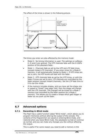 Page 156 - 6. Memories



              The effect of the times is shown in the following picture.




              The times you enter are also affected by the memory mode:
              •       Mode 0 - No timing information is used. The settings on softkeys
                      C, D and E are ignored. The HTP channels fade with the 0-100%
                      position of the playback fader.
              •       Mode 1 - Channels fade as set by the HTP and LTP fade times
                      (except Instant LTP channels). If you enter times for a Mode 0
                      memory, it will automatically change to Mode 1. If HTP times are
                      set to zero, the HTP levels will fade with the fader.
              •       Mode 2 - HTP channels fade as set by the HTP times, or with the
                      fader if times are set to zero. LTP channels are controlled by the
                      fader position (except Instant channels). Set the LTP fade time to
                      0 to use this mode.
              •       If the memory includes shapes, and you have set the shape size
                      or speed to “timed” (see page 144), then the shape will change
                      with the LTP channels. The changes will be timed for a Mode 1
                      memory and controlled by the fader position for a Mode 2
                      memory. This allows you to create a shape which gets bigger or
                      faster as you push up the fader.




6.7           Advanced options
6.7.1         Recording in Blind mode
              The Pearl has a useful function called “Blind mode”, which allows you to
              program memories without altering the output of the console. The
              contents of the Programmer are saved on entering Blind mode, and
              restored when you leave Blind mode. Any playbacks turned on continue
              as normal, and you can make any changes you like without affecting
              the output.
              This is useful if for some reason you need to edit a memory in the


 Pearl 2004 Manual v1 - 27th August 2004
 