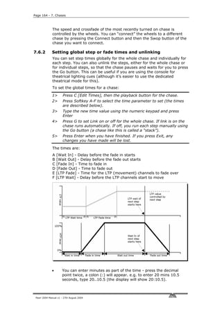 Page 164 - 7. Chases



              The speed and crossfade of the most recently turned on chase is
              controlled by the wheels. You can “connect” the wheels to a different
              chase by pressing the Connect button and then the Swop button of the
              chase you want to connect.

7.6.2         Setting global step or fade times and unlinking
              You can set step times globally for the whole chase and individually for
              each step. You can also unlink the steps, either for the whole chase or
              for individual steps, so that the chase pauses and waits for you to press
              the Go button. This can be useful if you are using the console for
              theatrical lighting cues (although it’s easier to use the dedicated
              theatrical mode for this).
              To set the global times for a chase:

              1>       Press C [Edit Times], then the playback button for the chase.
              2>       Press Softkey A-F to select the time parameter to set (the times
                       are described below).
              3>       Type the new time value using the numeric keypad and press
                       Enter
              4>       Press G to set Link on or off for the whole chase. If link is on the
                       chase runs automatically. If off, you run each step manually using
                       the Go button (a chase like this is called a “stack”).
              5>       Press Enter when you have finished. If you press Exit, any
                       changes you have made will be lost.

              The times are:
              A [Wait In] - Delay before the fade in starts
              B [Wait Out] - Delay before the fade out starts
              C [Fade In] - Time to fade in
              D [Fade Out] - Time to fade out
              E [LTP Fade] - Time for the LTP (movement) channels to fade over
              F [LTP Wait] - Delay before the LTP channels start to move




              •       You can enter minutes as part of the time - press the decimal
                      point twice, a colon (:) will appear. e.g. to enter 20 mins 10.5
                      seconds, type 20..10.5 (the display will show 20:10.5).



 Pearl 2004 Manual v1 - 27th August 2004
 
