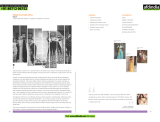 INDIAN COUTURE (PDIC)-
DELHI
1 year Professional Diploma - Eligibility: Graduation in any field
Forlearningmodules,faculty,studentworkandothercourserelatedinformationvisitwww.pearlacademy.com
CAREERS
•
•
•
•
•
•
Interior Decorators
Home/Store Stylists
Designer with Interior Firms
Designer with Furnishing Houses
Freelance Home Stylists
Décor Journalists
PLACEMENTS
EVOK
GODREJ INTERIO
VERVE INTERIO
HS AHUJA & ASSOCIATES
ZED INTERIORS
FUTOMIC DESIGNS
ATRIUM ARCHITECTS
India has been a country rich in textiles known to the world as vast resource of techniques and design of
textile arts and crafts but what has brought it into the main focus is emergence of India Couture over the
last few years.
Couture is the word representing exclusively crafted garments which can be defined as masterpieces
created out of the best quality fabrics, intricate embroidery and detailing on the surfaces, applied and
executed to perfection. The course 'Indian Couture' reinforces unique facet of a couture collection; its
selectiveness. Traditional textiles and silhouettes are the foundation of this selectiveness and the world
has for centuries turned to India for being inspired. This course enables a student to understand usage of
indigenous heritage textiles and traditional Indian silhouettes in India Couture. The course empower
students from multi disciplinary experiences to embed individual design philosophy and articulate the
same creatively through successful couture collection. The course is very focused on silhouette building
with a core foundation of Indian traditional textile structures, techniques and treatment. The inclusion of
royal and classic patterns spread over various eras also contributes to the uniqueness of this course.
The objective of the course is to develop sensitivity towards materials, craftsmanship, technology unique
to couture by working very closely with the Masters – be it artisans, weavers as well as couturiers to
learn the intricacy of Classic Indian Couture. The graduating couturiers will embark into this elite
business lobby, 'Indian Couture' by being spotted as labels initiating unique choices into Indian wear and
Bridal wear.
The course is delivered in conjunction with Domus Academy, Milan. Students have an option of doing a 4
week module in Milan and get additional exposure to the international industry.
2726
Resham Vashishta
PDIC
Sanchi Jain
PDIC
Sheenam Walia
PDIC
I did my course from Pearl Academy, I had a very great experience. After
completing my course I had a very good exposure in the fashion industry. The
teachers and the course gave me the right exposure and made me realize what
I actually want to do.
Vaishali Shadangule
FASHION DESIGNER
Call a design school admission Expert on
+91 89712 96752
Visit www.afdindia.com for more
afdindia
.
gateway to global design schools
 