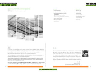 Forlearningmodules,faculty,studentworkandothercourserelatedinformationvisitwww.pearlacademy.com
FASHION & LIFESTYLE E-COMMERCE (PGFLE) -
DELHI
2 year PG Diploma - Eligibility: Graduation in any field
In May 2014, two of India's better known e-retailing companies, Flipkart and Myntra, merged. The deal was
estimated to be worth about `1800 crores. Soon after we saw Amazon entering the Indian online market. In
just one year, we have seen lakhs of fashion and lifestyle e-commerce brands (www.cooliyo.com,
www.limeroad.com, www.zivame.com ) take birth in the virtual business battlefield.
There is a huge demand for business professionals who understand fashion and lifestyle products as well as
can blend in the creative vitality of online business organizations.
The two-year post graduate course will equip graduates not only with fundamentals of how online business
organizations need to be managed for a long period of sustainable profits, but also challenges students to
achieve career goals by fueling their own passion.
The courseis delivered in conjunctionwith DomusAcademy, Milan. Students have an option of doing
a paid 4 week module in Milan and get additional exposure to the international industry. Chaitanya Kakkar
FASHIONANDYOU.COM/DEALSANDYOU.COM
One of the best times that I had from every single perspective – academics, friends,
and hanging out - the whole experience! May be that’s the killer combination that
makes it work in the long run. It’s not a unidirectional experience, it‘s multi-faceted.
The two years in Pearl Academy of Fashion brought a complete overhaul in my
personality and helped me grow both personally and professionally. The best thing
about Pearl was the presence of camaraderie between batch mates as well as the
teachers. The course curriculum was industry specific and faculty was excellent in
their respective domains.
“
7574
CAREERS
•
•
•
•
•
•
•
Category Managers
Product Merchandiser/Planner/Buyer
Business Analyst/Marketing Analyst/
Trend Analyst
Management Trainee- Marketing
Communications/Marketing/Digital Content
Quality Control Manager
PR and Event Manager
Entrepreneurs
PLACEMENTS
AMAZON.COM
MYNTRA.COM
JABONG.COM
SNAPDEAL.COM
FASHIONANDYOU.COM
LIMEROAD.COM
KOOVS.COM
Call a design school admission Expert on
+91 89712 96752
Visit www.afdindia.com for more
afdindia
.
gateway to global design schools
 