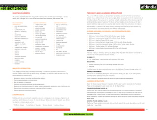 96 97
PATHWAYS AND LEARNING STRUCTURE
The courses at Pearl Academy are designed after painstaking research to find the correct balance
between theory and practice, as well as by converging global course patterns with the requirements of
the Indian industry. The courses aim to provide an in-depth understanding of the industry along with
polishing individual areas of expertise. The faculty at Pearl Academy strives to bring out the best in
students and helps shape careers in a way that adds meaning to their lives and value to the industry.
Pearl Academy is a pioneer in the Indian market, combining online and face-to-face classtime in a
structured manner, thus making learning more effective and engaging.
The courses offered are
BA (Hons.) Fashion Design [FD] at Delhi, Noida, Jaipur, Mumbai
BA (Hons.) Communication Design [CD] at Delhi, Noida, Mumbai
BA (Hons.) Jewellery Design [JD] at Jaipur
BA (Hons.) Fashion Styling & Image Design [FSID] at Delhi, Noida, Mumbai
BA (Hons.) Interior Architecture & Design [IAD] at Delhi, Noida, Jaipur, Mumbai
BA (Hons.) Product Design [PD] at Noida, Mumbai
BA (Hons.) Fashion Media Communication [FMC] at Delhi, Mumbai
DURATION
Full-time, 4 years, 8 semesters, starting July 2015, ending May 2019. This duration corresponds to
requirements of undergraduate education in India.
ELIGIBILITY
10 + 2, or equivalent, in any discipline, with minimum 50% marks
SELECTION
General Proficiency Test (GPT) and Design Aptitude Test (DAT)
Interview
For details about the above mentioned tests, refer to the Admission Procedure on page number 104.
AWARD CONFERMENT
The courses are validated by Nottingham Trent University (NTU), UK. NTU is one of the globally
renowned fashion and design education institutions.
The NTU degree is recognised around the world for higher studies and employability.
Above BA (Hons.) courses follow a 1+3 pattern; the first year (Level 0) constitutes the Foundation
Phase and the subsequent 3 years (Levels 1, 2, 3), the Degree Phase.
FOUNDATION PHASE (LEVEL 0)
The first year aims to bring students from diverse backgrounds on a common platform of contextual
understanding by providing basic knowledge and skills. It helps to lay a foundation for three years of
subsequent study in Degree Phase. It helps attain awareness, understanding and skills required for
design and fashion; it makes the movement through the specific discipline smooth and orderly during the
degree phase.
DEGREE PHASE (LEVELS 1,2, 3)
The Degree Phase, spread across second, third and fourth years of the course, described as Level 1, Level
2 and Level 3 respectively.
4-YEARS BA (HONS.) IN FASHION AND DESIGN DISCIPLINES
•
•
•
•
•
•
•
•
•
LEARNING STRUCTURE
SHAPING CAREERS
The campus placements have been on a growth trajectory since last three years reaching at a success
rate of 95% in the year 2013. Some of the most sought after companies, both domestic and
MULTINATIONAL
CORPORATES
•
•
•
•
•
•
•
•
•
•
•
•
•
•
•
•
•
•
•
GAP INTERNATIONAL,
USA
LI AND FUNG, HK
MARKS & SPENCER,
UK
BENETTON
OGILVY & MATHER
DORLING KINDERSLEY
PENGUIN
WALMART, USA
TOMMY HILFIGER,
USA
CARREFOUR, FRANCE
GODFREY PHILLIPS
LEVI'S
ADIDAS
VOGUE
HARPER'S BAZAAR
MARIE CLAIRE
CHANEL
LOUIS VUITTON
REEBOK
DESIGN COMPANIES
•
•
•
•
•
•
•
•
•
•
•
•
•
•
•
•
TARUN TAHILIANI
RITU KUMAR
WRAP DESIGNS
BOBBY GROVER
ROHIT BAL
STUDY by JANAK
JATTIN KOCHHAR
JJ VALAYA
MANAV GANGWANI
ASHISH SONI
RINA DHAKA
MANDIRA WIRK
SHANTANU and NIKHIL
SUNEET VERMA
DESIGN PVT. LTD.
SATYA PAUL
MANISH GUPTA
INDIAN RETAILERS
•
•
•
•
•
•
•
•
•
•
•
•
•
•
•
•
WILLS LIFESTYLE –
ITC
ARVIND BRANDS
SHOPPERS' STOP
FAB INDIA
GENESIS LUXURY
DLF BRANDS
FUTURE GROUP -
PANTALOONS
LIFESTYLE
MADURA BRANDS
TITAN
BLACKBERRY
RAYMOND
W
RELIANCE RETAIL
WESTSIDE TRENT LTD.
NUMERO UNO
Pearl Academy believes that to succeed professionally, it is important to have an interaction with
seasoned industry experts who can guide, mentor and support the students to gain an experience that
reaches beyond the classroom with:
Mandatory industry internships and dissertation projects
Practicing professionals as visiting faculty
Real life projects in classrooms
Seminars and training workshops by industry personnel
Research and consultancy projects in design, product development, production, retail, craft sector, etc.
National and International conferences organised by Pearl Academy
Industry sponsored consultancy projects
•
•
•
•
•
•
•
INDUSTRY INTERACTION
LIVE PROJECTS
• • • •
Nothing could be more exciting for a student to work on a live project in the industry as it gives him an
experience which influences his career the most. In the year 2013, more than 175 students were offered
live projects in industry giants such as:
ITC Wills Lifestyle United Colors of Benetton Reliance Brands Landmark Group
Call a design school admission Expert on
+91 89712 96752
Visit www.afdindia.com for more
afdindia
.
gateway to global design schools
 