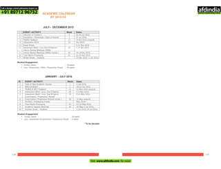 118 119
ACADEMIC CALENDAR
2015-16
–JULY DECEMBER 2015
Sl. EVENT / ACTIVITY Week Dates
1 Induction of Fresher’s 0 23-25 Jul 2015
2 Orientation / Workshops / Start of Session 1 27 Jul 2015
3 TQ/MQ Feedback 13 19 Oct 2015 onwards
4 Convocation 2015 14 Oct 2015*
5 Diwali Break - 9-13 Nov 2015
6 Assessment Week / Jury /Due Diligence /
Interim Review Meetings (IRMs)
19 7-11 Dec 2015
7 Interim Review Meetings (IRMs) (contd..) 20 14-18 Dec 2015
8 Final Marks Processing 21 21-24 Dec 2015
9 Winter Break – Students - 19 Dec 2015- 3 Jan 2016
Student Engagement
・ Contact weeks : 18 weeks
・ Jury / Assessment / IRMs / Progression Board : 03 weeks
- JULY 2016
EVENT / ACTIVITY Week Dates
Start of New Academic Session 1 4 Jan 2016
Referral Board 3 18-22 Jan 2016
TQ/MQ & NPS Feedback 13 21 Mar 2016 onwards
Assessment Week / Jury / Due Diligence 18 2-6 May 2016
Assessment Week / Jury / Due Diligence
Examination / Progression Boards
19 9-13 May 2016
Examination / Progression Boards (contd..) 20 16 May onwards
Portfolio / Graduating Events - May 2016*
Final Marks Processing 21 23-26 May 2016
Academic Appeals Meetings 22 30 May-4 Jun 2016
Sl.
1
2
3
4
5
6
7
8
9
10 Summer Break – Students - 1 Jun 2016-24 Jul 2016
Student Engagement
・ Contact weeks : 18 weeks
・ Jury / Assessment /Examination / Progression Board : 5 weeks
* To be decided.
Call a design school admission Expert on
+91 89712 96752
Visit www.afdindia.com for more
afdindia
.
gateway to global design schools
 