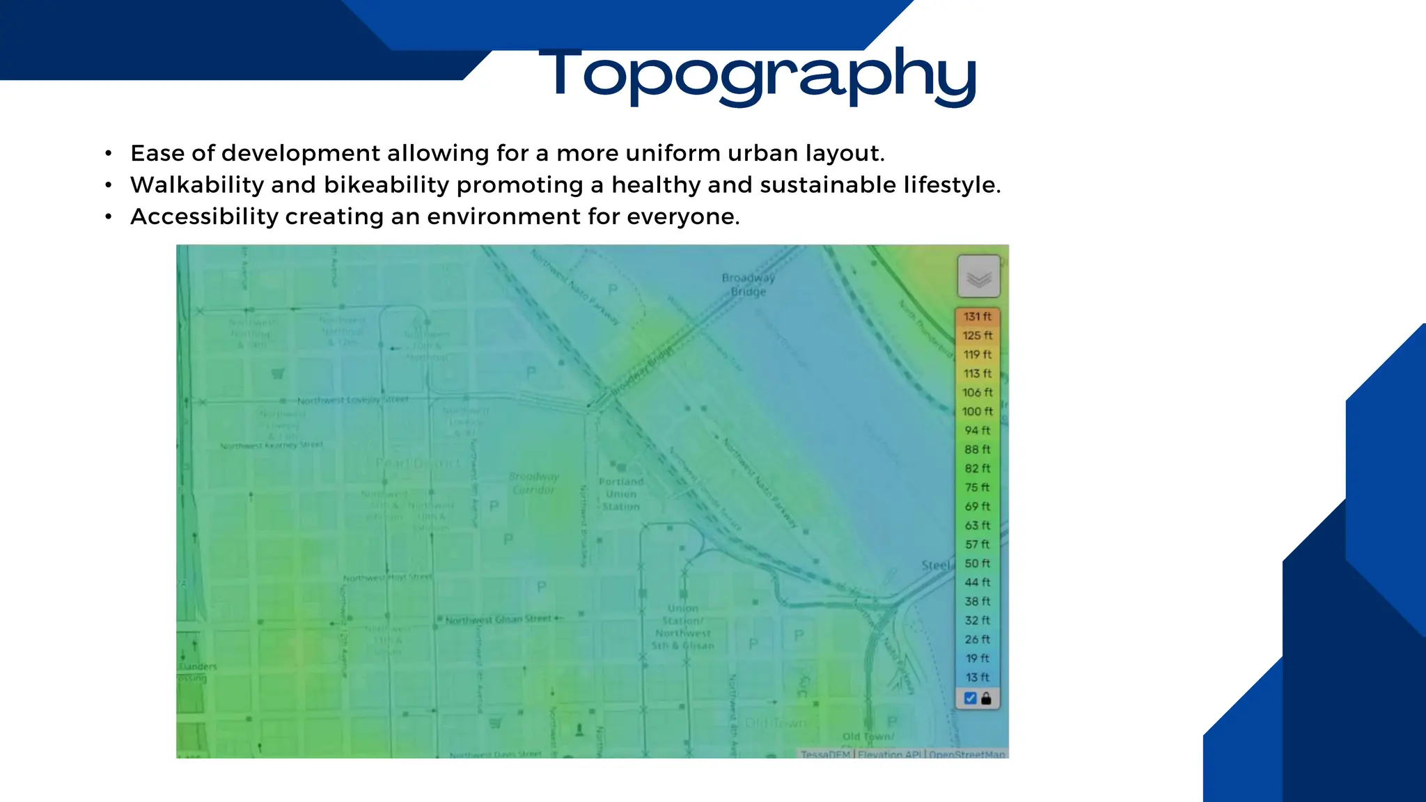 • Ease of development allowing for a more uniform urban layout.
• Walkability and bikeability promoting a healthy and sustainable lifestyle.
• Accessibility creating an environment for everyone.
 