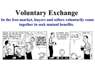Voluntary Exchange
In the free-market, buyers and sellers voluntarily come
together to seek mutual benefits.
 