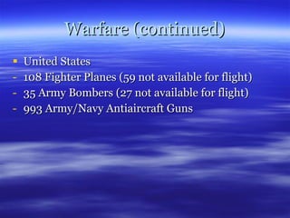 Warfare (continued) United States 108 Fighter Planes (59 not available for flight) 35 Army Bombers (27 not available for flight) 993 Army/Navy Antiaircraft Guns 